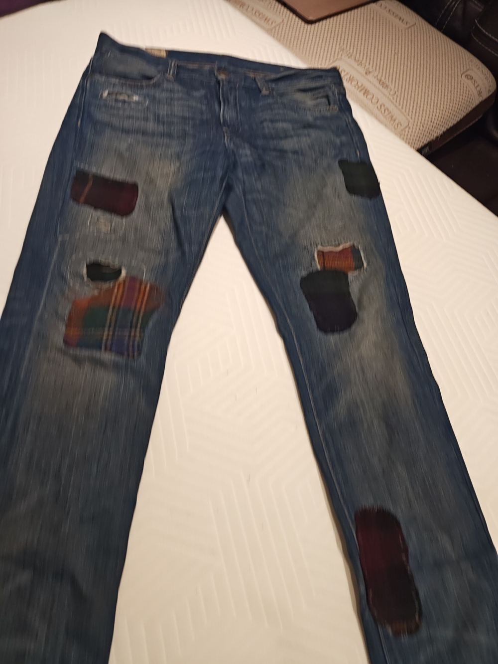 Polo by Ralph Lauren Slim Straight Distressed Blue Jeans with Plaid Patches - Picture 15 of 16